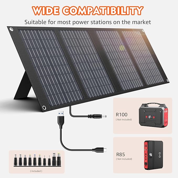 Apowking Portable Solar Panels 40W, Foldable Solar Panel Charger for 100-300W Portable Power Station, with Adjustable Kickstands, DC 18V Output, USB 3.0 and Type-C Ports for Camping Van RV Trip