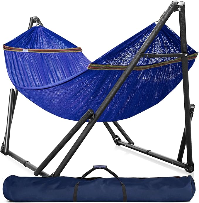 Tranquillo Universal Hammock 600 lbs Capacity, Instant 20s Foldable Hammock Stand, 3-Year Warranty Hammock with Stand, 2 Person Camping Hammock Revolutionary Portable, No Screws, Premium, Blue