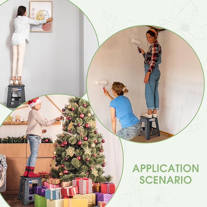 ACKO Folding Step Stool Foldable 16 Inch Stools for Adults and Kids, Plastic Stools Tall 400 lbs Capacity, Collapsible Stool for Kitchen, Stepping Foot Stool with Handle, Dot Grey, 1 PC