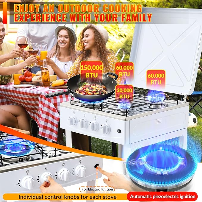 4 Burner Propane Gas Stove,300000BTU Portable Gas Stove with Support Leg Stand and Wind Blocking Cover Adapter Auto Ignition Camping Stove,propane burner for RV, Apartment, Outdoor Cooking