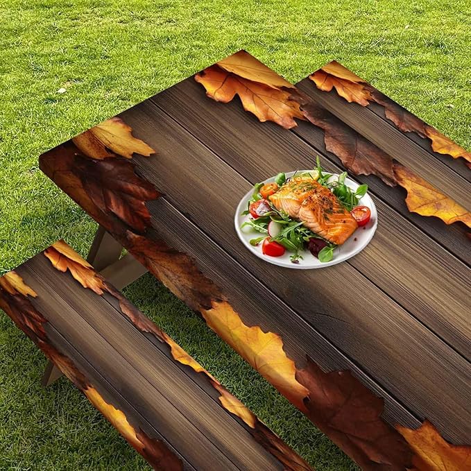 CAPSCEOLL Elastic Picnic Table Cover with Bench Covers 5Ft Waterproof Fitted Picnic Table Cover Cloths for Outdoors Camping Tablecloth with Drawstring Bag, 60X30in, Brown Wood