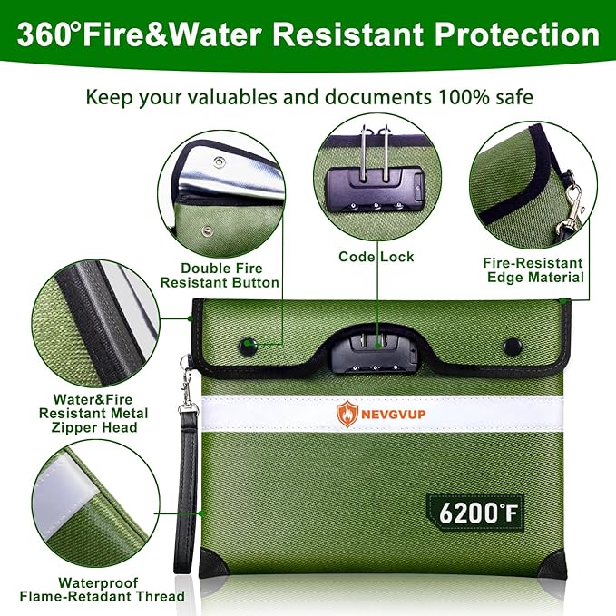 6200°F Fireproof Money Bag with Lock, Upgraded Fireproof Bags w. Zipper/Reflective Strip, 9 Layers of Heat Insulated Materials, Water Resistant Fire proof Money Bag for Cash, Fire Pouch for A5 Files