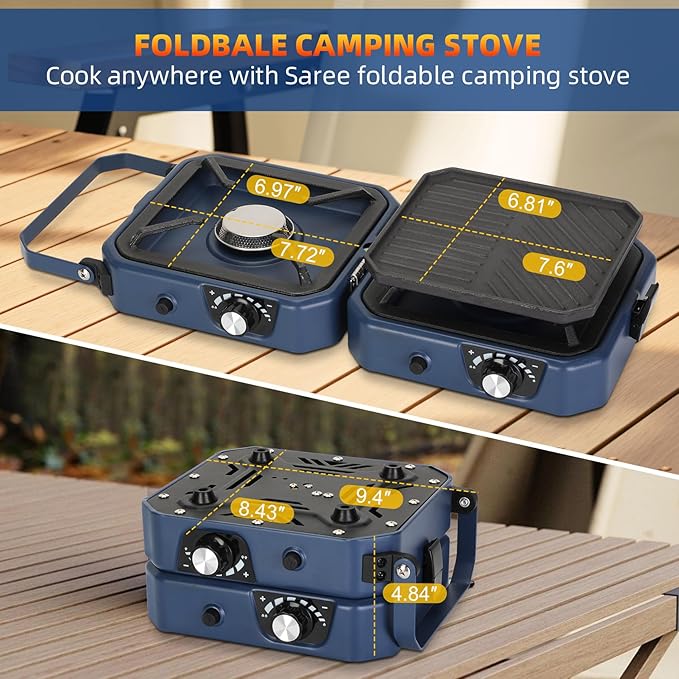2 Burner Propane Stove Compatible with Propane Cylinders,2 Burner Camp Stove with Griddle and 16000 BTU Adjustable Burners,Portable Camping Stove Propane with Carry Bag and Handle for Camping (Blue)