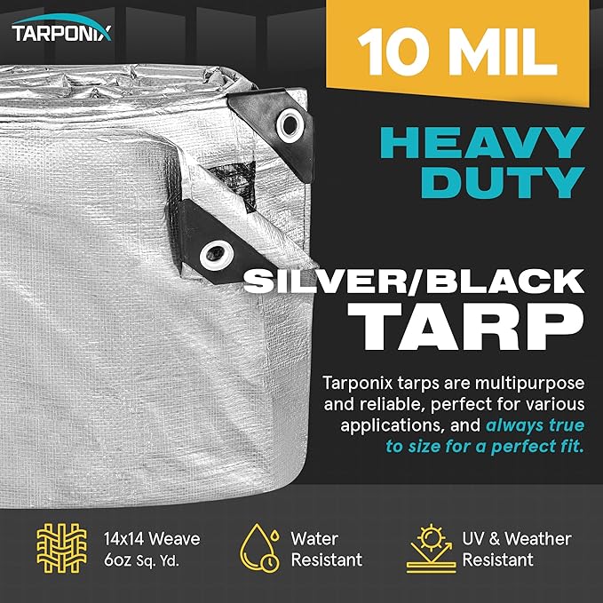 30' x 50' Dual-Sided Heavy-Duty Tarp – 10 Mil Tear-Resistant Silver & Black Cover with Reinforced Edges and Anti-Rust Grommets