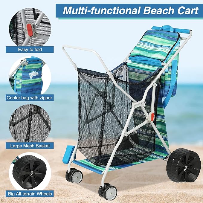 Beach Cart with Big Wheels for Sand, Collapsible All-Terrain Beach Wagon with Cooler Bag & Umbrella Holder, Large Mesh Storage, Supports 100lbs for Camping, Outdoor, Shopping, Dark Blue Stripes