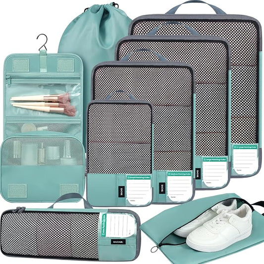 BAGAIL 4 Set/6 Set/8 Set Compression Packing Cubes Travel Accessories Expandable Packing Organizers(HalfMesh,8-DustyBlue)