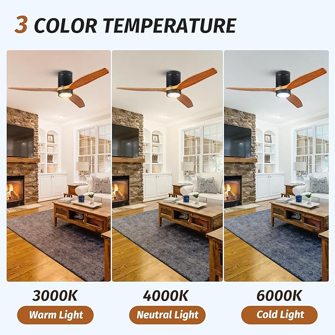 Ceiling Fans with Lights and Remote, 52 Inch Low Profile Ceiling Fan with Light, 3 Walnut Solid Wood Blade Dimmable 8H Timer 6-Speed Reversible Motor for Living Room Farmhouse Patio