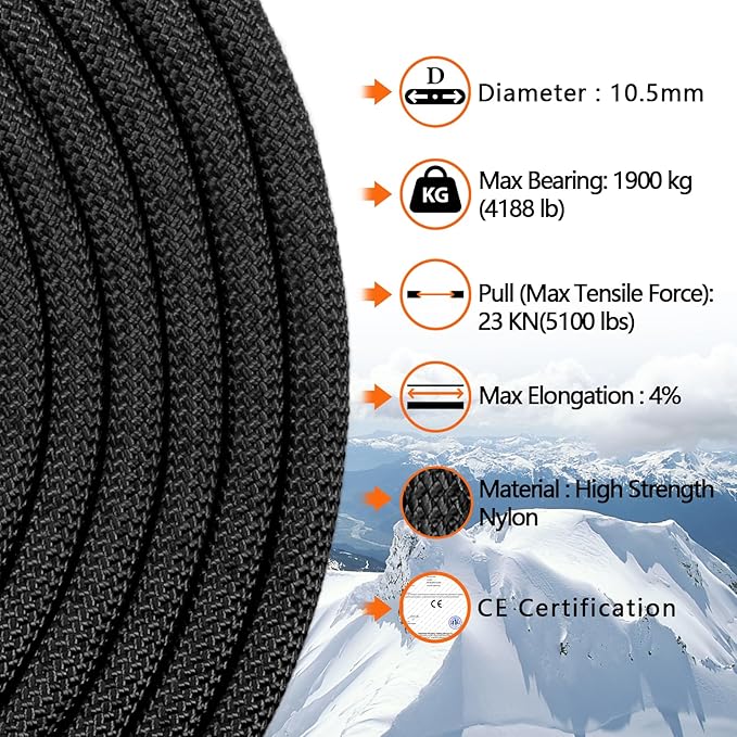 AOLEBA 10.5 mm Static Climbing Rope 10M(32ft) 20M(64ft) 30M(96ft) 50M(160ft) 70M(230ft) Outdoor Rock Climbing Rope, Escape Rope Ice Climbing Equipment Fire Rescue Parachute Rope