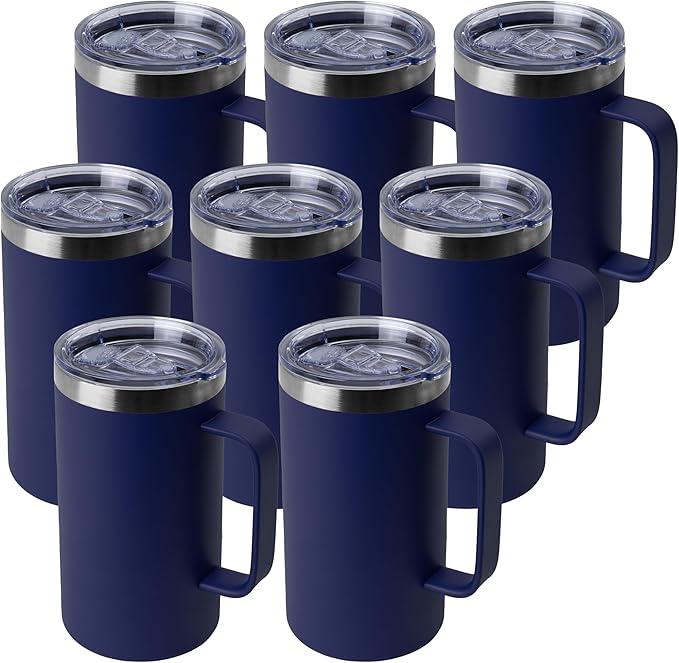 DOMICARE 24oz Mug with Handle and Lid, Stainless Steel Coffee Mug, Travel Mug with Handle, Double Wall Vacuum Coffee Tumbler, Reusable Insulated Cup, Navy, Pack 8