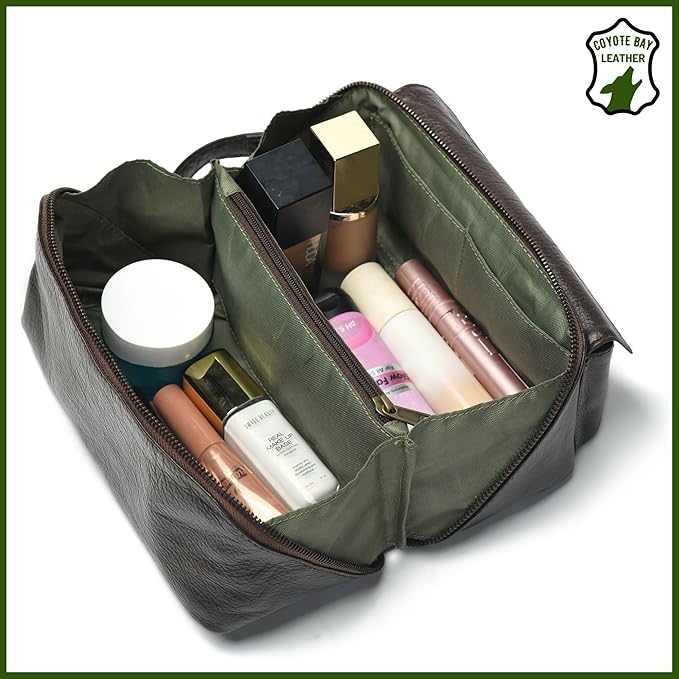 Coyote Bay® Premium Full Grain Soft Leather Makeup Bag Large 9 Inch, Travel Organizer Pouch, Shaving Kit, Cosmetics Toiletry Bathroom Organizer Kit