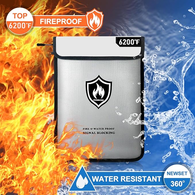 6200°F Upgraded Fireproof Document Bag, 15.7 x 11.4 Faraday Bag, Fireproof Money Bag with Zipper/Reflective Strip, 18 Layers of Heat Insulated Materials, RFID Blocking Bag Protects Devices