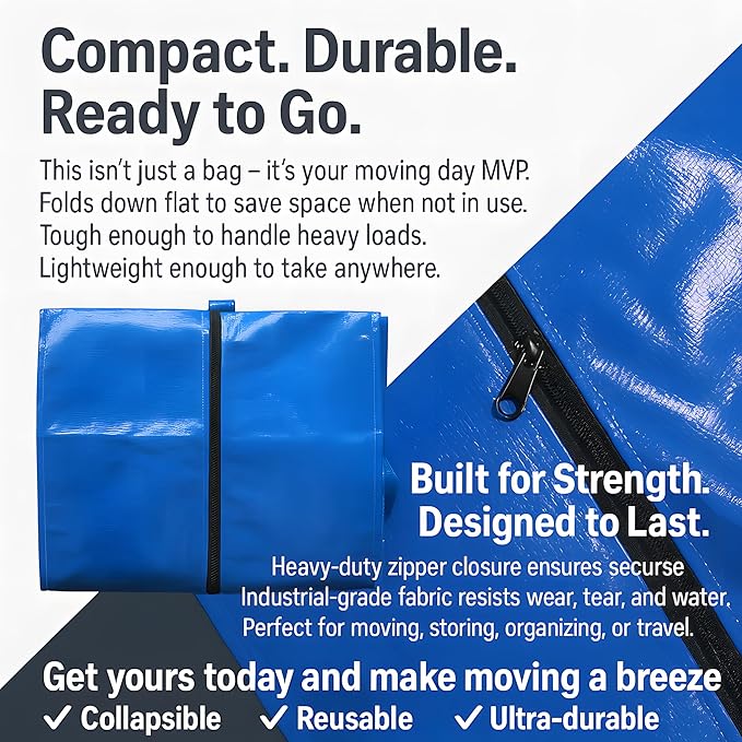 Extra Large Moving Bags - 6-Pack Heavy Duty Storage Duffel - Sturdy Backpack Straps Handles, Zippers - Reusable Moving Storage Bags for Clothes - Folding Collapsible Storage Tote Bag Set – Blue