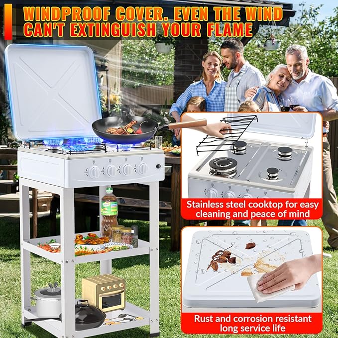 4 Burner Propane Gas Stove,300000BTU Portable Gas Stove with Support Leg Stand and Wind Blocking Cover Adapter Auto Ignition Camping Stove,propane burner for RV, Apartment, Outdoor Cooking