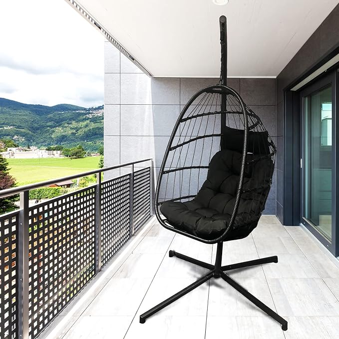 PRIVATE GARDEN Indoor Outdoor Patio Hanging Egg Chair Wicker Swing Hammock Chairs UV Resistant Cushion Folding Aluminum Frame 330lbs Capacity for Patio Bedroom Balcony (Black)