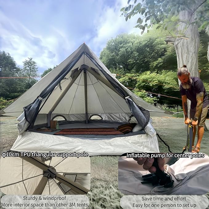 DANCHEL OUTDOOR B2I Inflatable Camping Tent 9.8ft, No Center Pole Lightweight Blow Up Bell Tent with Stove Jack, Skylight, Pump, Waterproof 300D Oxford Glamping Yurt for 1-3 Person Family