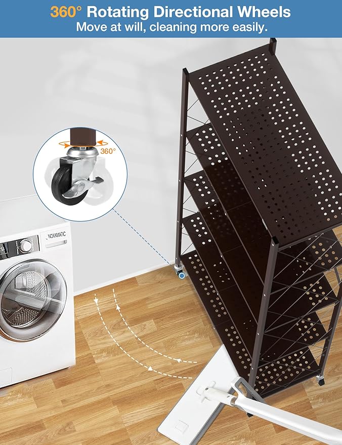 ALANNG 70.7" H Metal Storage Shelves, 5 Tier Folding Shelf on Wheels, Heavy Duty, No Assembly, Rolling, Collapsible Rack Unit for Kitchen, Basement, Pantry (Vintage Brown,3 Pack)