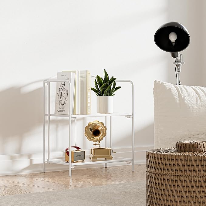 Crofy No Assembly Folding Bookshelf for Living Room, 2 Tier White Collapsible Book Shelf for Home Office, Portable Bookcase Storage Organizer