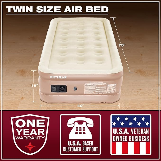 Pittman Outdoors Comfort Series Indoor Air Mattress with Built-in Electrical Air Pump, Twin 18-Inches Tall, Tan