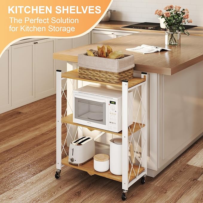 3 Tier Folding Shelf with Wheels, Metal Steel Collapsible Shelves, Folding Bookshelf no Assembly, Portable Folding Storage Shelves, Rolling Standing Utility Rack for Kitchen, Office, Bedroom, Natural