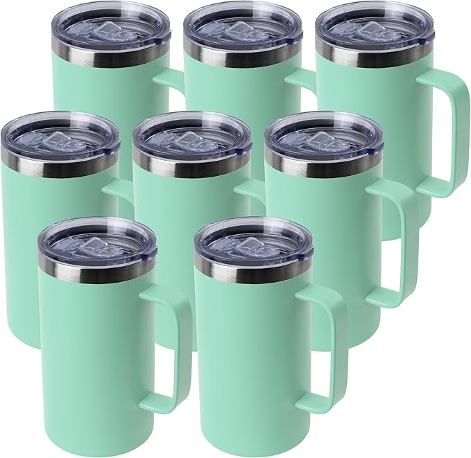 DOMICARE 24oz Mug with Handle and Lid, Stainless Steel Coffee Mug, Travel Mug with Handle, Double Wall Vacuum Coffee Tumbler, Reusable Insulated Cup, Mint Green, Pack 8