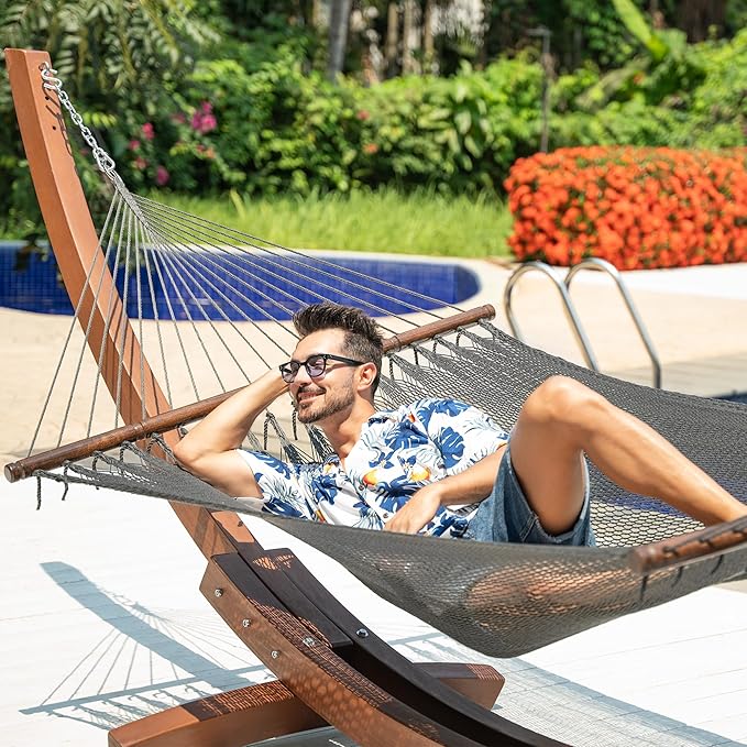 Lazy Daze Hammocks 10.5 FT Double 2 Person Caribbean Rope Hammock, Hand Woven Polyester Hammock with Spreader Bars, for Outside Outdoor Backyard Patio Poolside,450 LBS Capacity, Gray