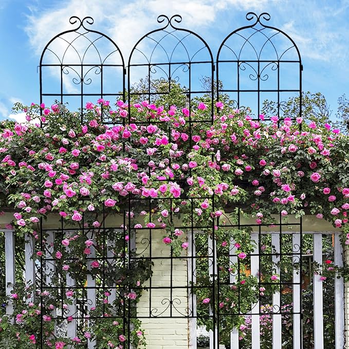 6 Pack Metal Garden Trellis 86.7" H Garden Fence Rustproof Trellis for Climbing Plants Support Roses Flower Outdoor Lawn, Black 7.2FT Tall