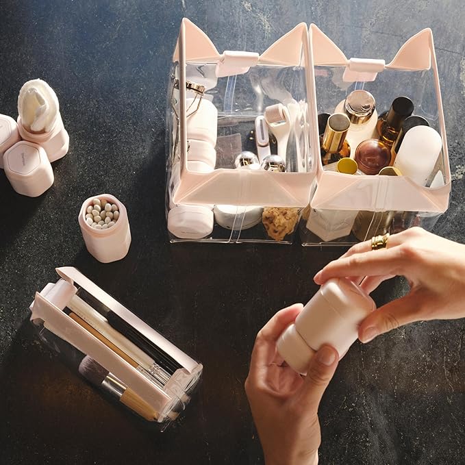 Cadence Travel Containers - Full Skincare Set - Magnetic Containers with Lids,Carry On Travel Essentials For Women/Men - 2 Small (0.56oz), 4 Medium Capsules (1.32oz), & Extender (1.43oz) - Petal