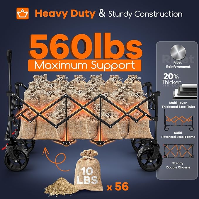 48" L Collapsible Wagon Cart Foldable, 560LB Weight Capacity 300L Heavy Duty Folding Beach Wagons with Big All-Terrain Wheels, Utility Carts for Groceries, Shopping, Camping, Sports - Green