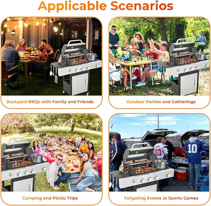 3 Burner Propane Gas Grill with Side Burner, Stainless Steel Outdoor Grill with Enameled Cast Iron Grates, 37230 BTU Gas Grill for Outdoor Barbecue BBQ Grill