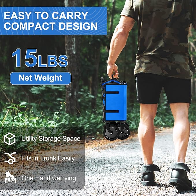 Collapsible Wagon Carts,Folding Wagon Cart with All Terrain Wheels,Heavy Duty Garden Carts with Adjustable Handle,Outdoor Utility Wagon for Camping Shopping Sports Fishing（Blue）