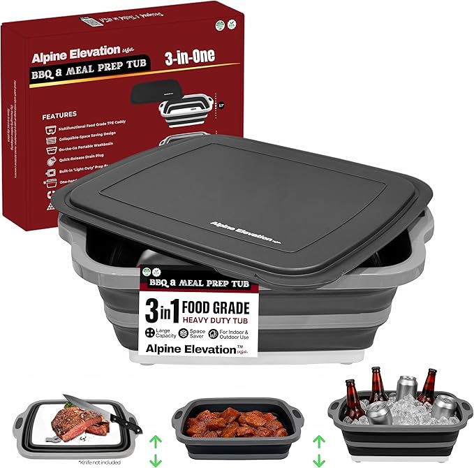 Collapsible Large (8L) BBQ Marinating Tub w/Cutting Board | Multipurpose Food-Grade TPE Prep Tub w/Lid | Built-in Colander & Drain Plug - for Camping | Tailgate | Picnic - Slate Black