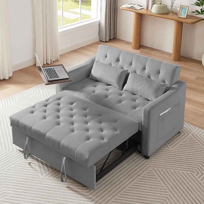 53.15" Convertible Sleeper Sofa Bed with Swivel Table, Adjustable Backrest & Side Pocket, Pull-Out Velvet Loveseat Futon for Small Spaces, Easy Assembly, 3-in-1 Couch Bed for Living Room