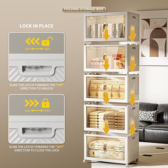 660 QT / 165 Gal Collapsible Storage Bins with Wheels & Magnetic Doors - Stackable Plastic Cabinet Organizer for Home, Garage, Closet (White Space-Saving Containers)