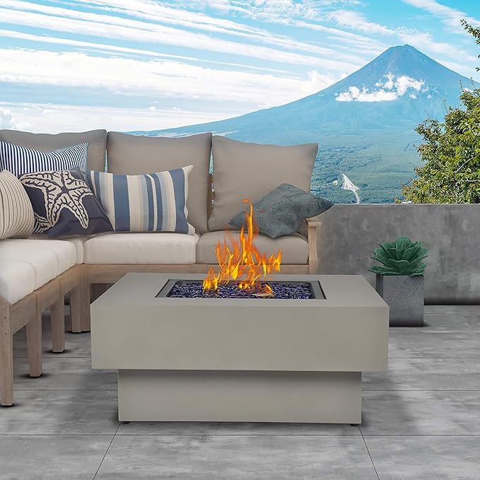 32.5-inch Fire Table with Natural Gas Conversion Kit, 50,000BTU Outdoor Modern Patio Fire Pit Table w/Square Burner Lid, Glass Rocks, Cover