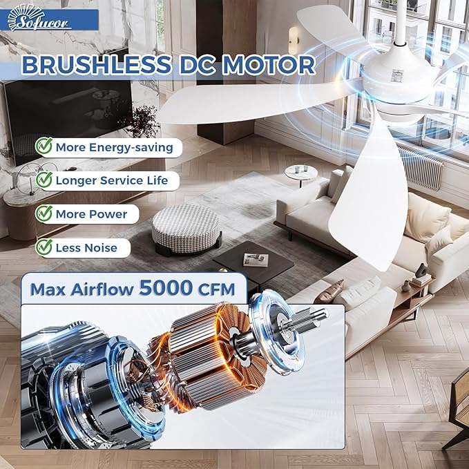 Sofucor 52 Inch Ceiling Fans with Lights and Remote, Outdoor Ceiling Fan with Light 6-Speed 3 CCT 3-Timer, White Low Profile Ceiling Fan 5 Blade Reversible DC Motor for Living Room Bedroom Patio