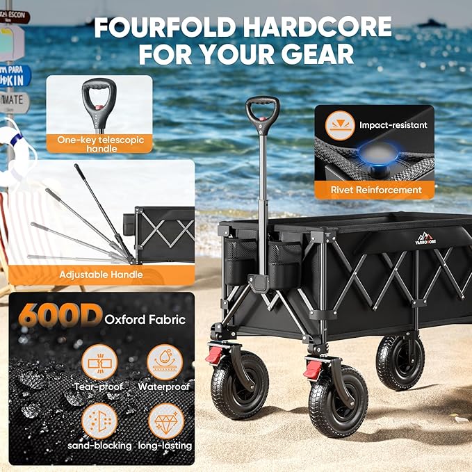 Beach Wagon with 9x3.5" Big Rubber Wheels for Sand, 350lbs Heavy Duty 200L Collapsible Utility Wagon, Easy Transport & Storage, Ideal for Sport, Camping, All-Terrain Outdoor Activities, Black