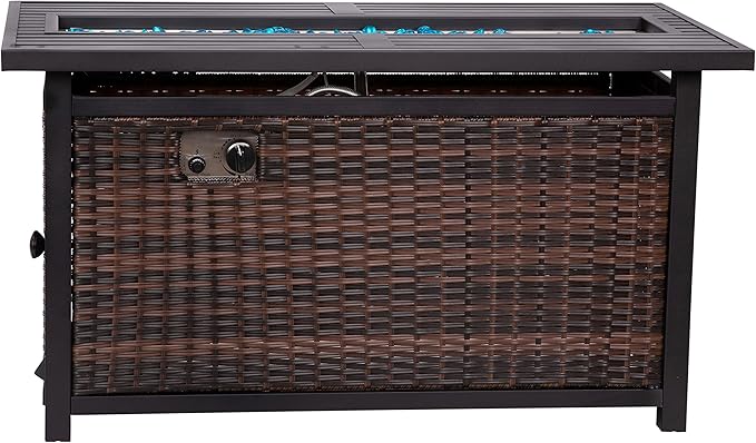 EMMA + OLIVER Ilya Propane Fire Table - Weather Resistant Wicker Base - Steel Top - 50,000 BTU's - Fits Standard Propane Tank (Not Included) - Includes Glass Beads