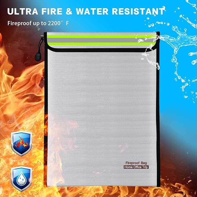2PCS 15"x11" Fireproof Document Money Bag Home Office Travel Fireproof Safe Storage Pouch for A4 Document Cash Money Valuables Jewelry Passport Currency Keys Tablet Power Bank Lipo Battery