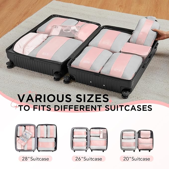 10 Set Compression Packing Cubes for Travel Essentials Women Mom,Compressible Expandable Packing Cubes for Suitcase,OlarHike Luggage Organizer Bags for Travel,Handy Helper for Organizing Clothes(Pink)