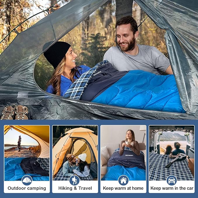 Double Sleeping Bag for Adults Machine Washable 2 Person Camping Sleeping Bag Queen Size Waterproof with Compression Sack for Cold Weather 3-4 Seasons