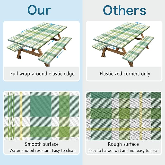 Green Picnic Table Cover with Bench Covers, 3 Pcs Waterproof Elastic Picnic Table Cover Outdoor Camping Essentials, Windproof Fitted Tablecloth for Indoor Outdoor (Plaid, 72X30 Inch)
