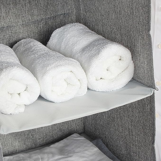 Hanging Closet Organizer, Easy Mount Collapsible 3-Shelf Camper Closet Wardrobe Hanging Storage Shelves, Folded Clothes Towels Handbag Shoes Accessories Storage, Linen Cloth, Gray