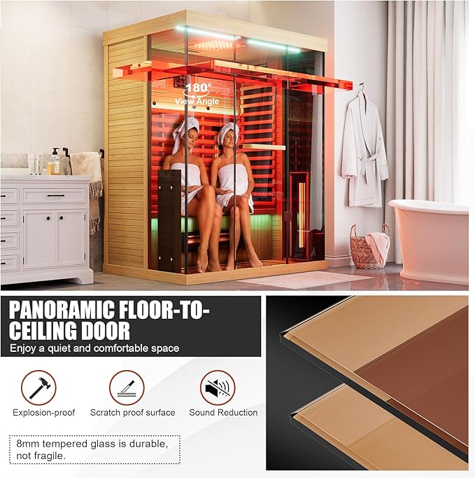 Full Spectrum Infrared Sauna，2-3 Person Home Sauna，Wooden Canadian Hemlock Indoor Spa Sauna with Resonance Speaker, Panoramic Tempered Glass Door