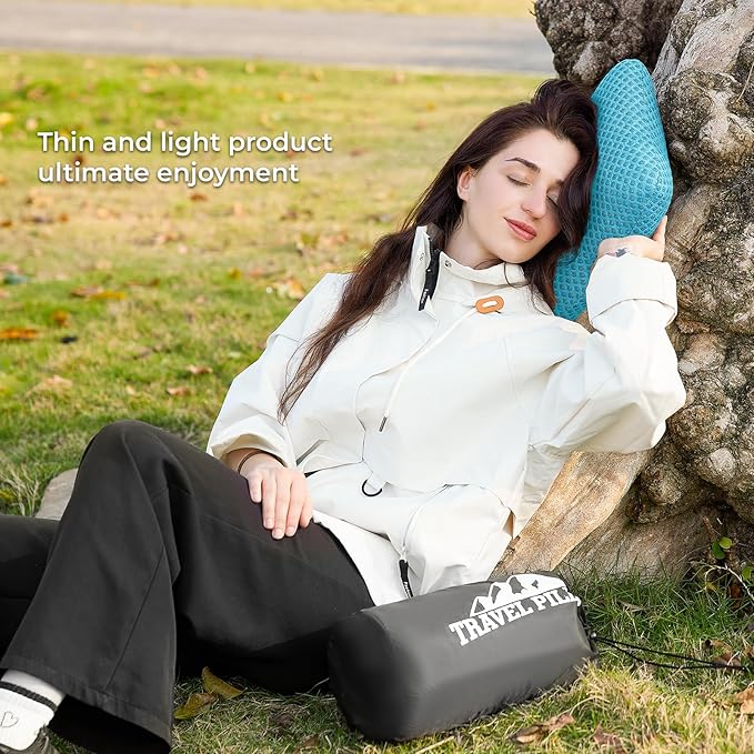 Travel Pillow Memory Foam Pillows, Camping Pillow-Compressible Medium Firm, Breathable Cover, Ideal Backpacking Hiking, Bed Pillows, Airplane and Car (Light Blue, L)