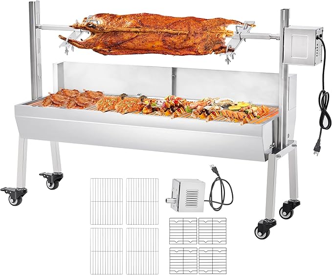 Jocisland Electric Rotisserie Grill Kit with Windscreen, 46" Height-Adjustable Charcoal Roaster, 132 Lbs Capacity, 45W Motor, Stainless Steel Spit with Lockable Wheels for Outdoor Camping