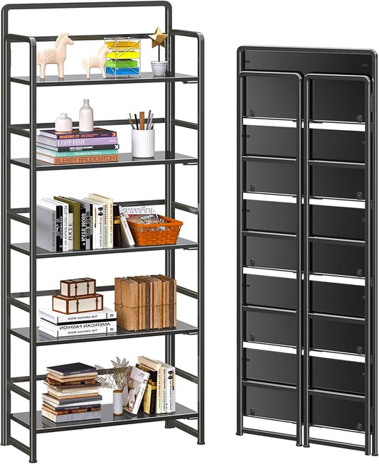 4NM No-Assembly 5 Tiers Folding Bookshelf Storage Shelves Vintage Bookcase Standing Racks Study Organizer Home Office (All Black)