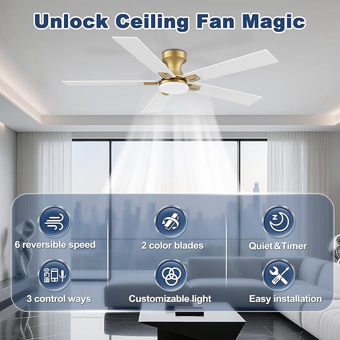 cumilo 52 inch Smart Ceiling Fan with Lights Remote,Quite DC Motor,WIFI Control via Alexa Voice,APP.Dimmable LED,Flush Mount Outdoor Indoor Ceiling Fans for Bedroom Patio Porch,Gold and White Black