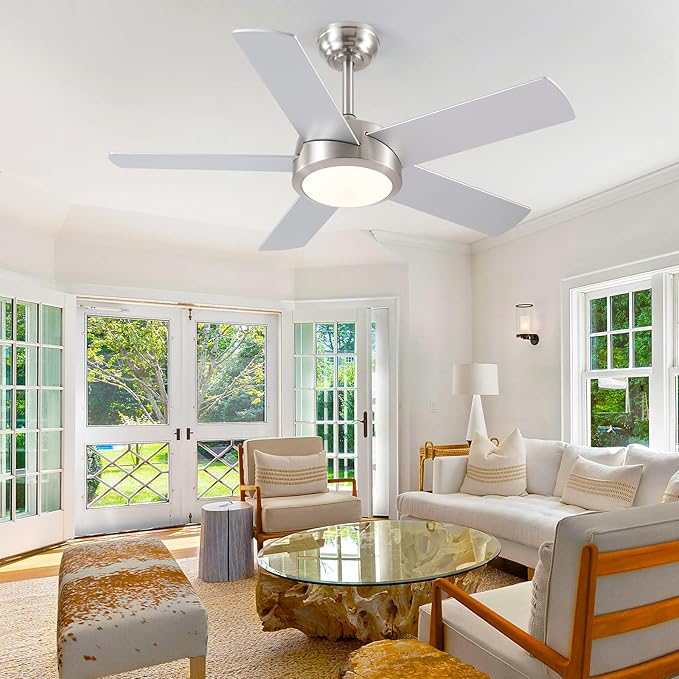 Ceiling Fan with Lights and Remote/APP - 42" Modern Low Profile Ceiling Fan with 5 Reversible Blades, 3CCT Dimmable, Ceiling Fans for Indoor/Covered Outdoor, Brushed Nickel