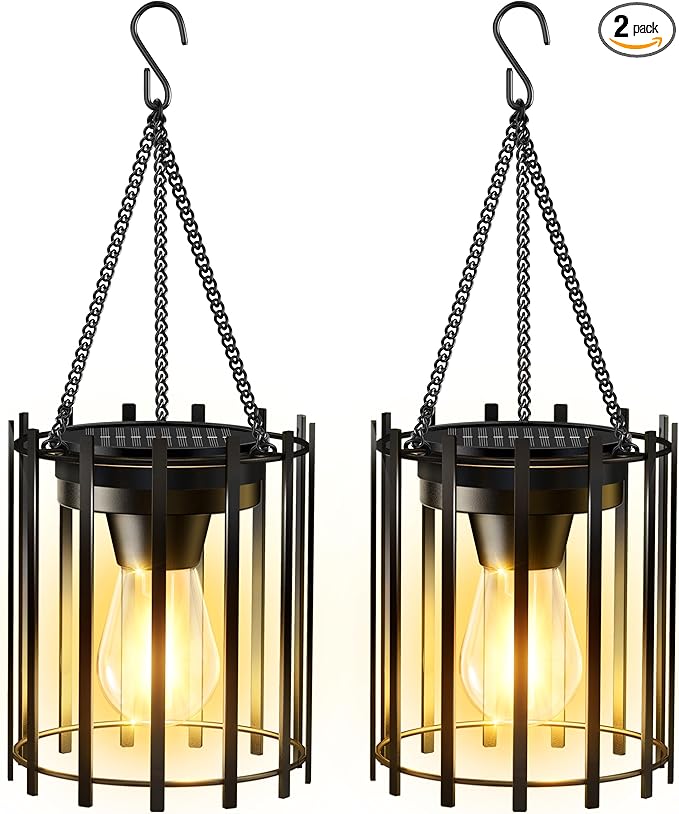 KOOPER Solar Lanterns Outdoor Waterproof, 14.56" Upgraded Bright Hanging Solar Lights Outdoor Lanterns Decorative, Auto ON/Off Metal Hanging Lantern Lights for Pathway Yard Patio Garden Decor 2 Pack