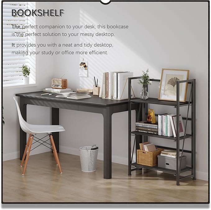 4NM No-Assembly Folding Bookshelf Storage Shelves 3 Tiers Vintage Bookcase Standing Racks Study Organizer Home Office (All Black)